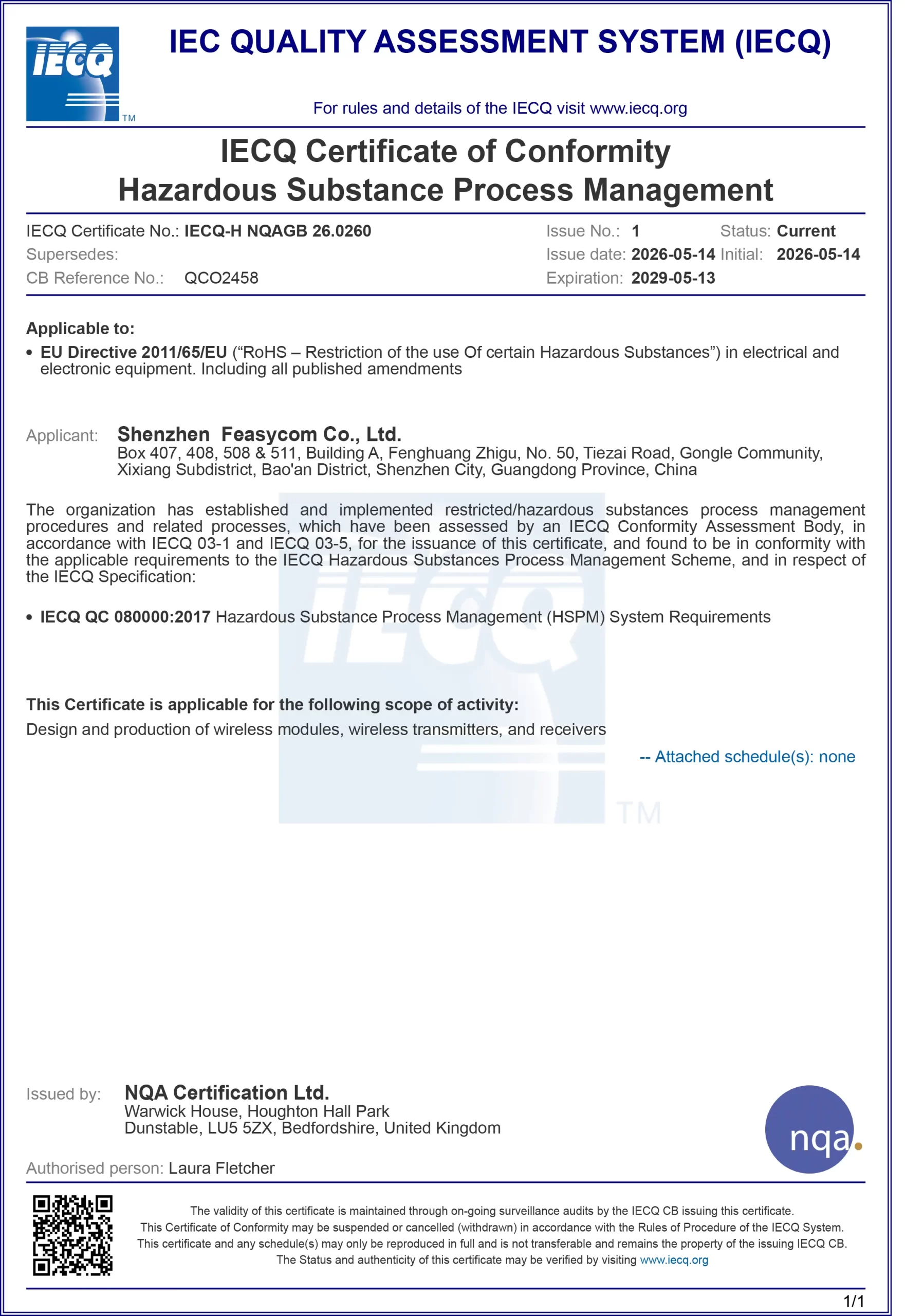 Feasycom Achieves IECQ QC 080000 Hazardous Substance Process Management Certification 108 IECQ H NQAGB 26.0260 1 深圳飞易通科技有限公司 1 英文 scaled